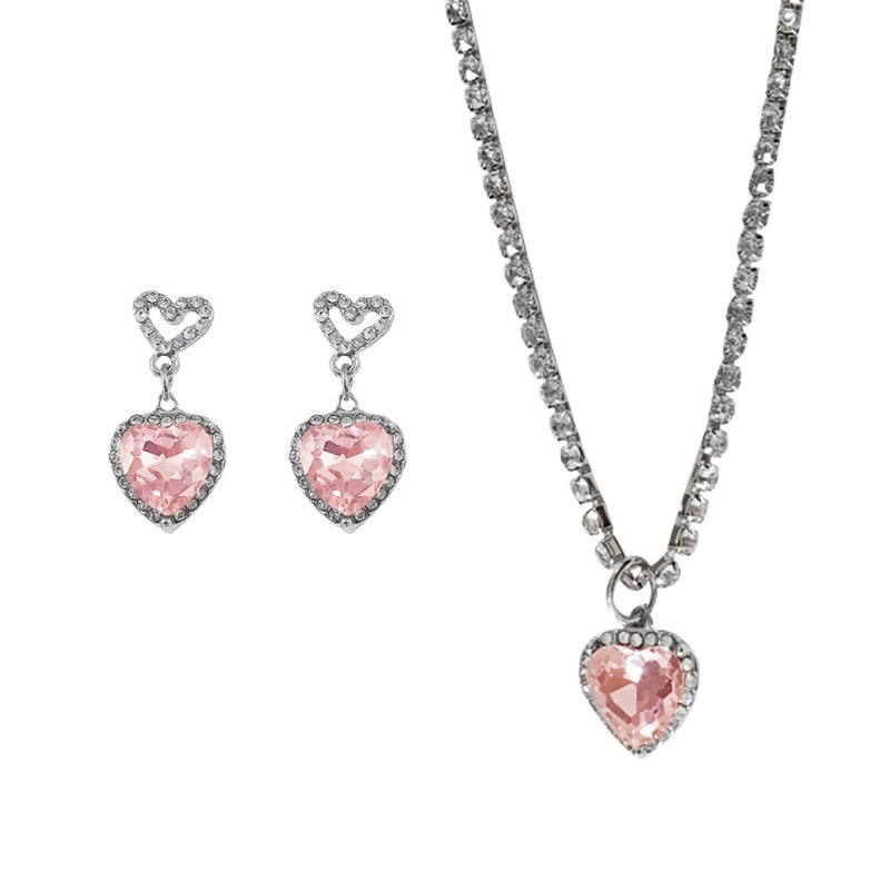 Pink Ice Heart Necklace Set