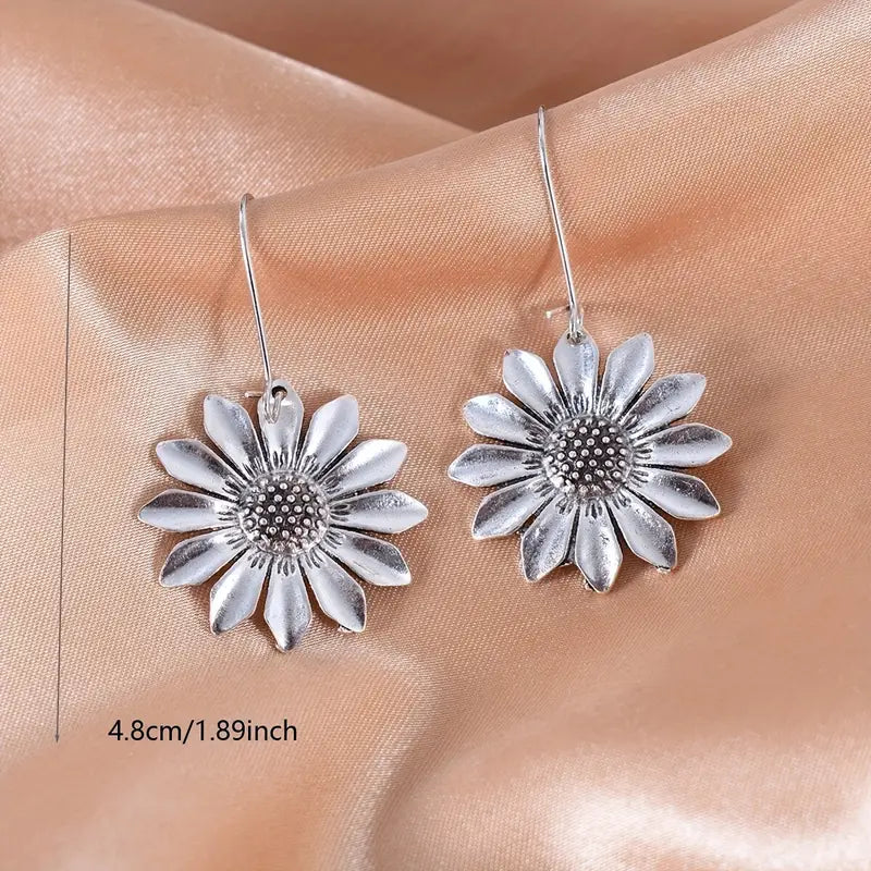 Silver Sunflower Dangle Earrings