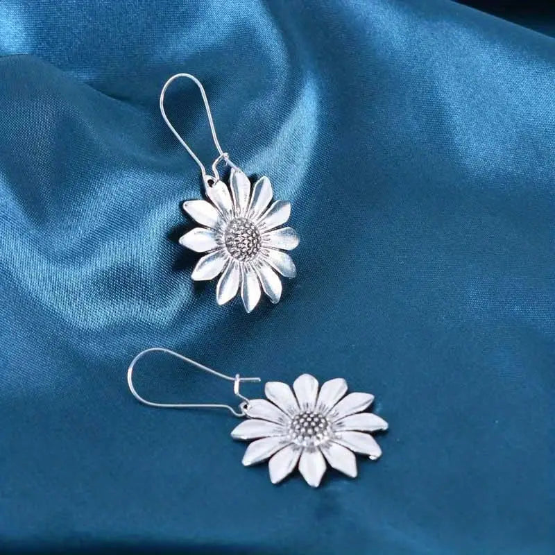 Silver Sunflower Dangle Earrings