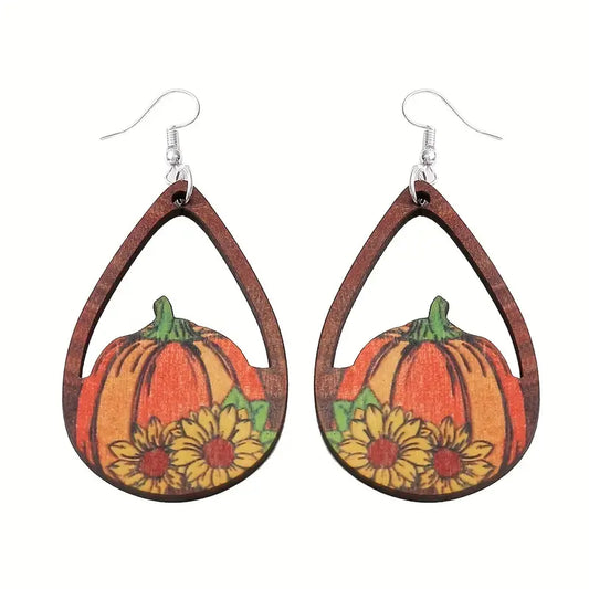 Wooden Teardrop Pumpkin Earrings