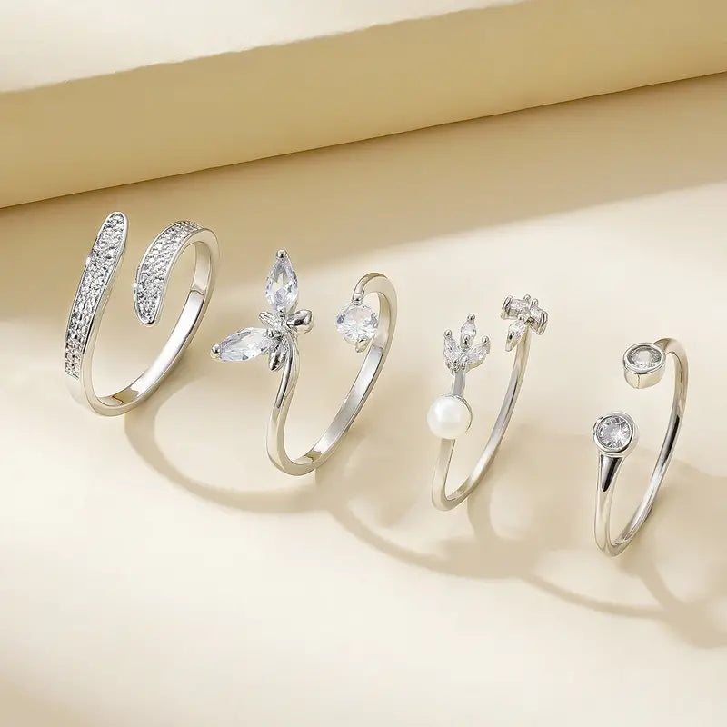 4-Pc Adjustable Silver Ring Set