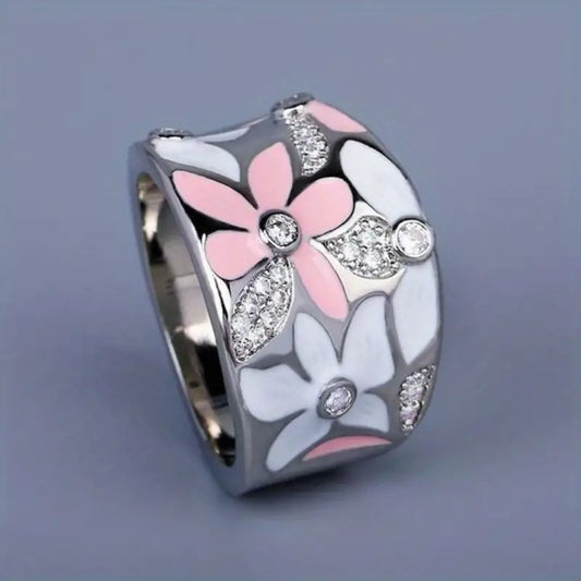 Pink and White Enamel Ring