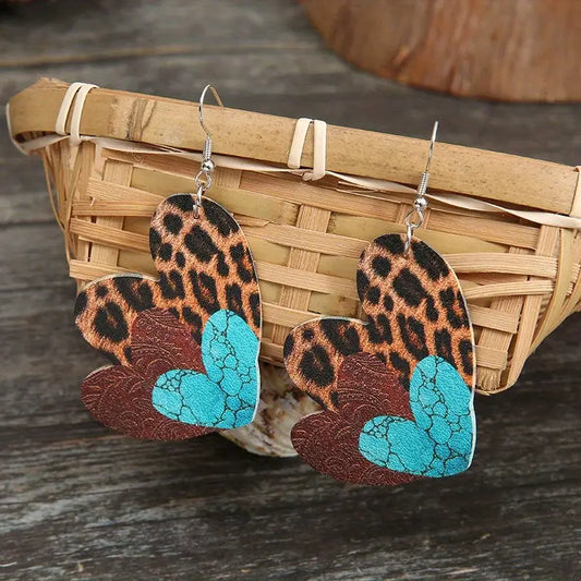 Cheetah and Turquoise Heart Earrings