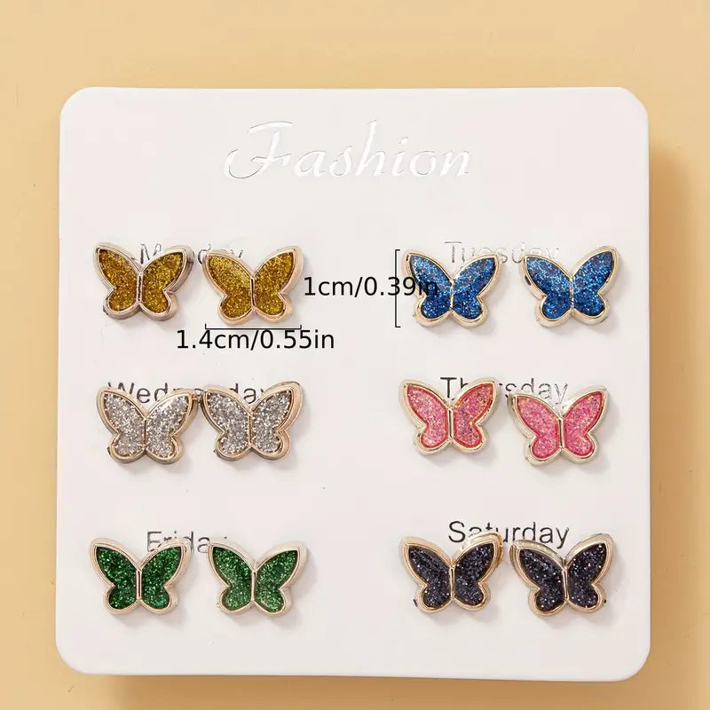 6 Pair Butterfly Stud Earring Set