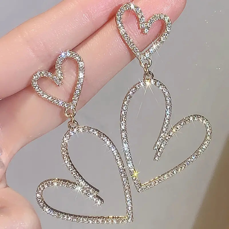 Double Heart Rhinestone Drop Earrings