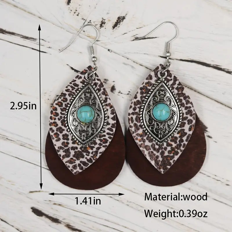 Wood Leather Turquoise Layer Earrings