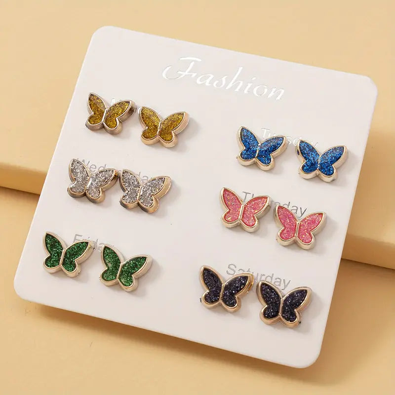 6 Pair Butterfly Stud Earring Set