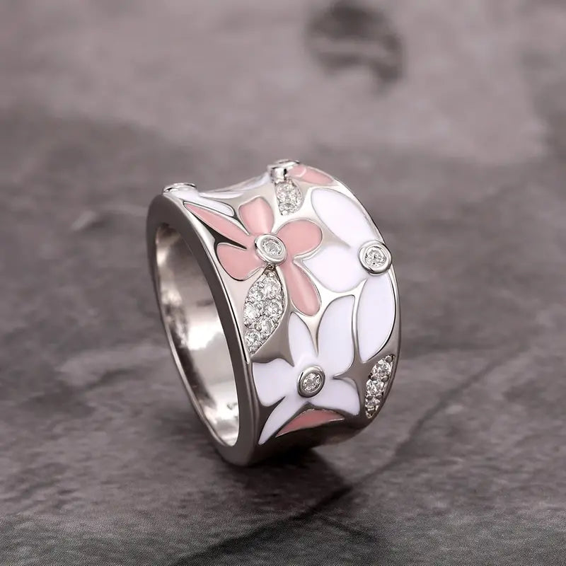 Pink and White Enamel Ring