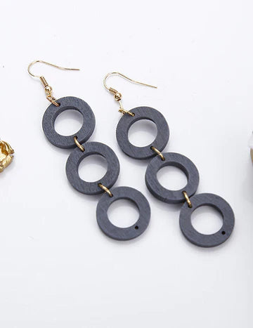 Black 3 Ring Wooden Dangle Earrings