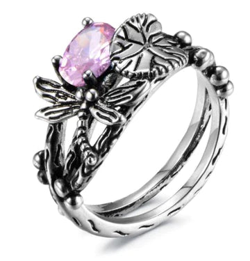 Silver Pink Gemstone Dragonfly Ring