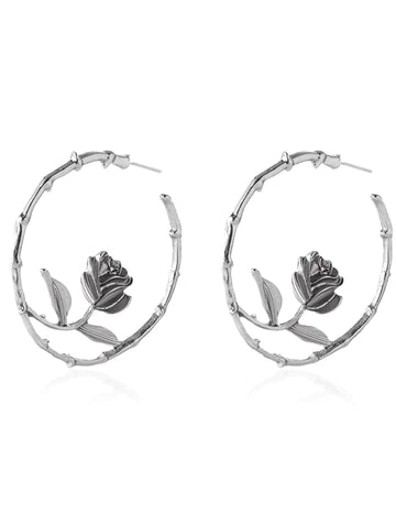 Silver Textured Hoop with Rose Earrings