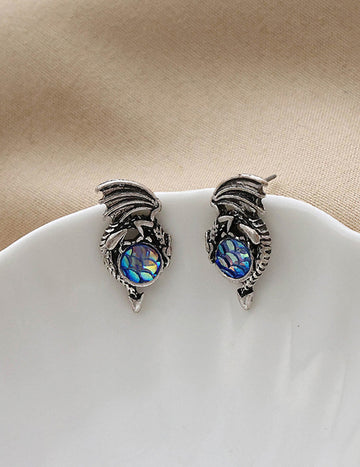 Silver Iridescent Blue Scale Dragon Earrings