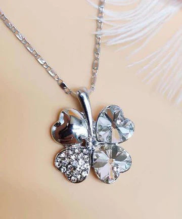 Silver Crystal Gemstone Clover Necklace