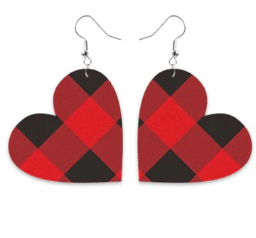 Silver Red & Black Plaid Heart Leather Earrings