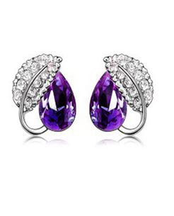 Silver Purple Gemstone Leaf Design Earrings