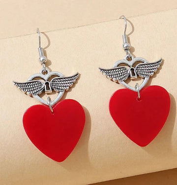 Silver Wings Red Acrylic Heart Earrings