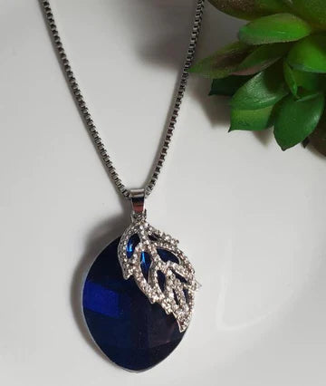 Silver Rhinestone Leaf Royal Blue Gemstone Necklace