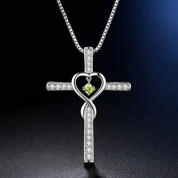 Silver Rhinestone Cross Light Green Gem Necklace