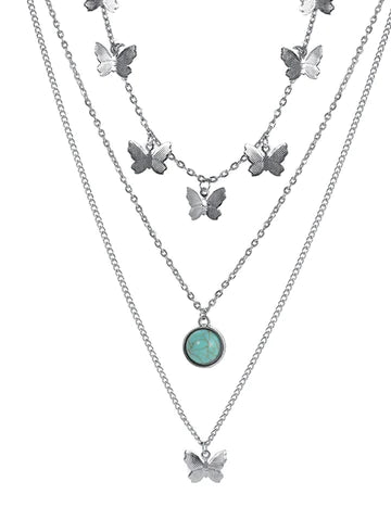 Silver Butterfly Layer Turquoise Stone Necklace