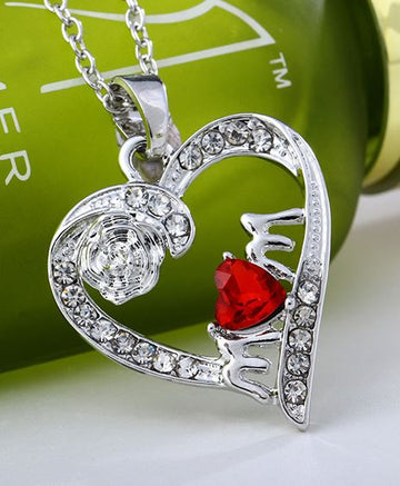 Silver Heart Red Gem Mom Necklace