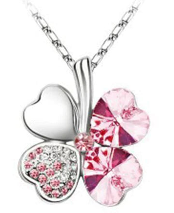 Silver Pink Gemstone Clover Necklace