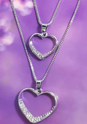 Silver Double Rhinestone Heart Necklace