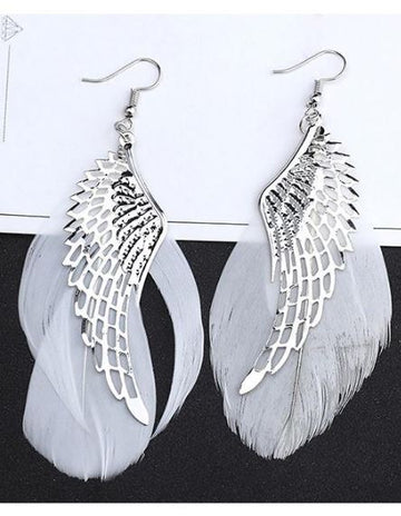 Large Silver Wing with White Feather Earrings