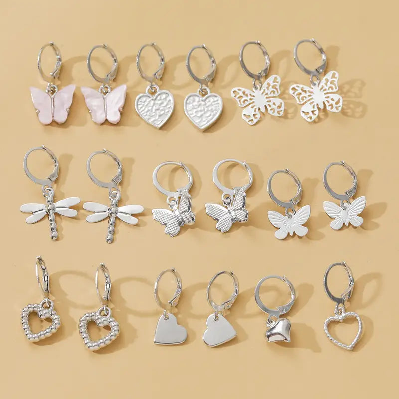 9 Pairs Butterflies and Heart Earring Sets