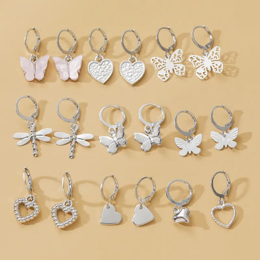 9 Pairs Butterflies and Heart Earring Sets