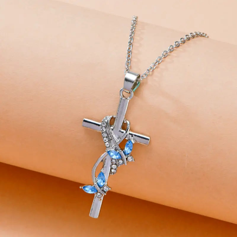 Blue Butterfly Wrapped Cross Necklace