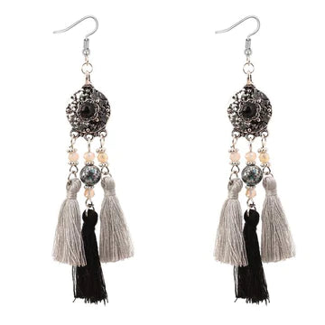 Silver Black Gem Black & Gray Tassel Earrings