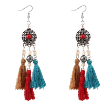 Silver Red Gem Multi Color Tassel Earrings