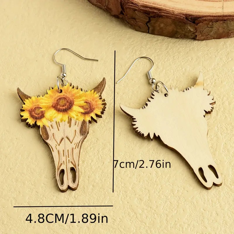 Western Vintage Bull Head Sunflower Dangle Earrings