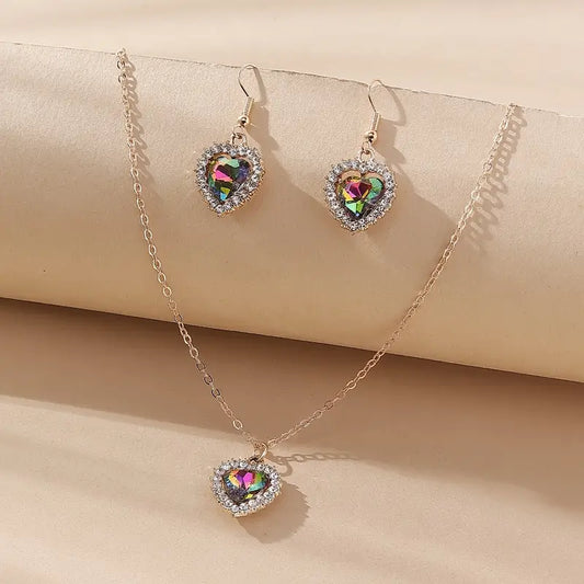 Oil Spill Heart Rhinestone Necklace Set