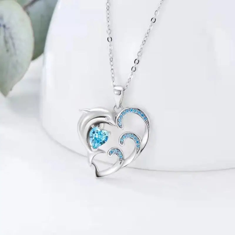 Dolphin on Waves Heart Necklace