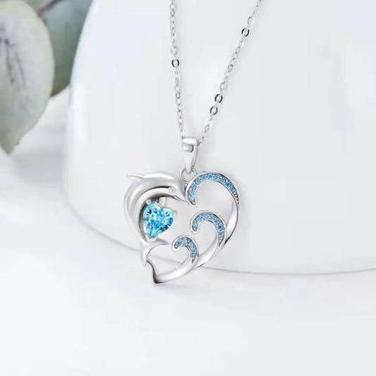 Dolphin on Waves Heart Necklace