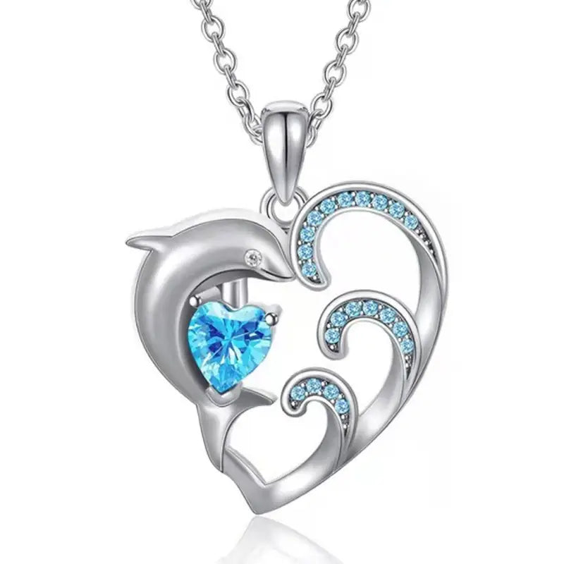 Dolphin on Waves Heart Necklace