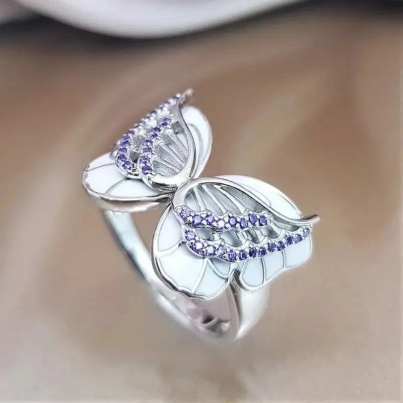 Enamel and Rhinestone Butterfly Ring