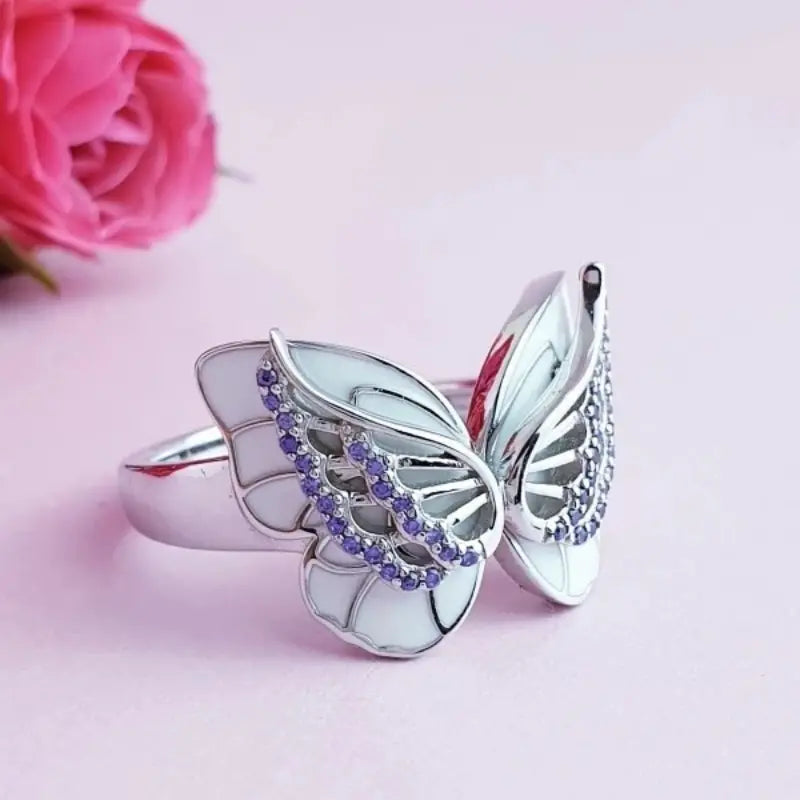 Enamel and Rhinestone Butterfly Ring