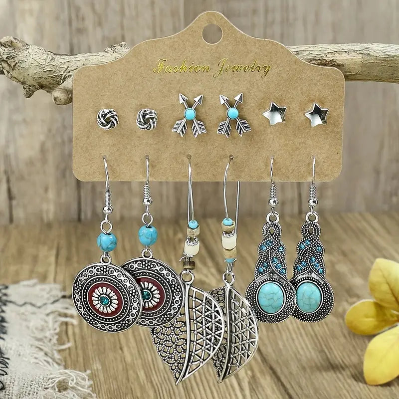 6-pc Boho Turquoise and Silver Earring Set #6