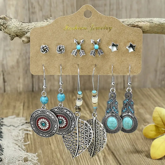 6-pc Boho Turquoise and Silver Earring Set #6