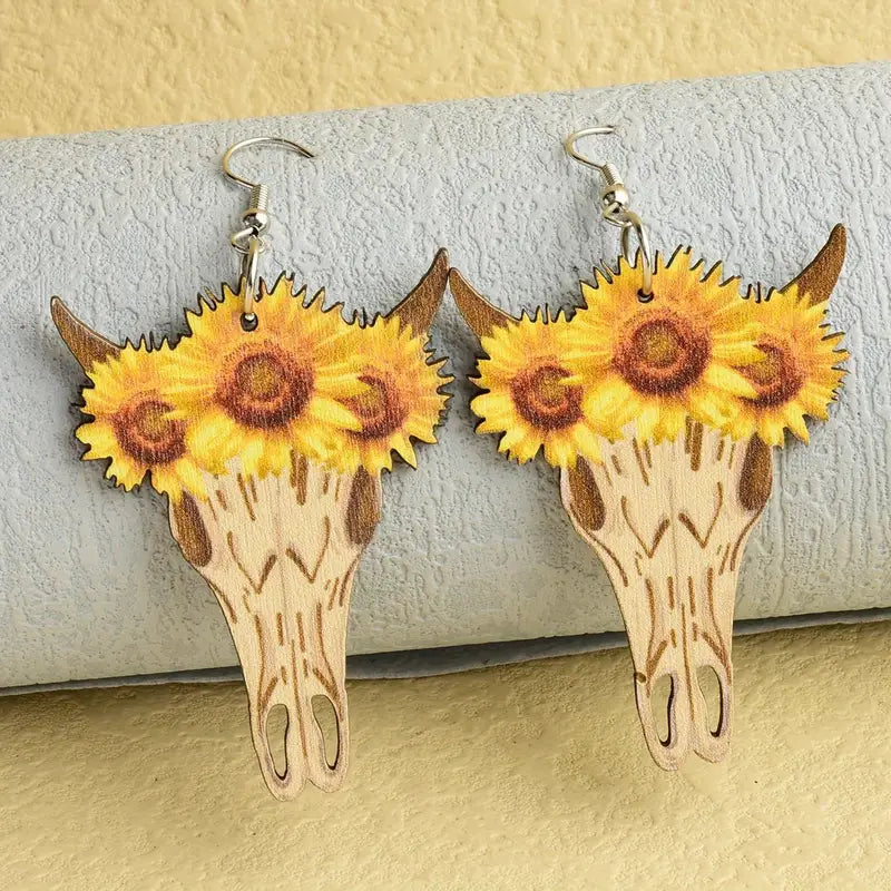 Western Vintage Bull Head Sunflower Dangle Earrings