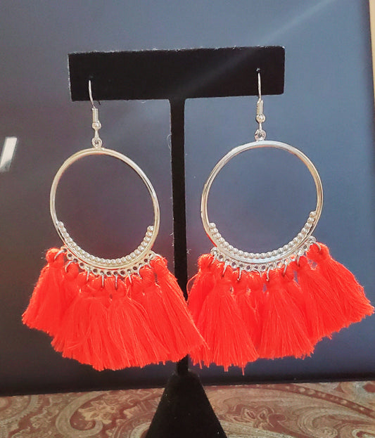 Red Tassel Silver Hoop Earrings