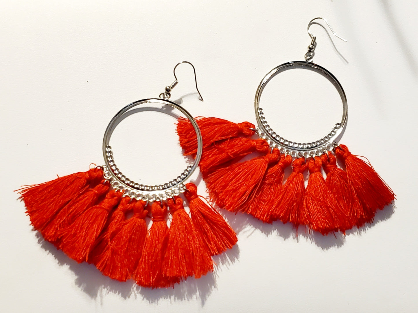 Red Tassel Silver Hoop Earrings