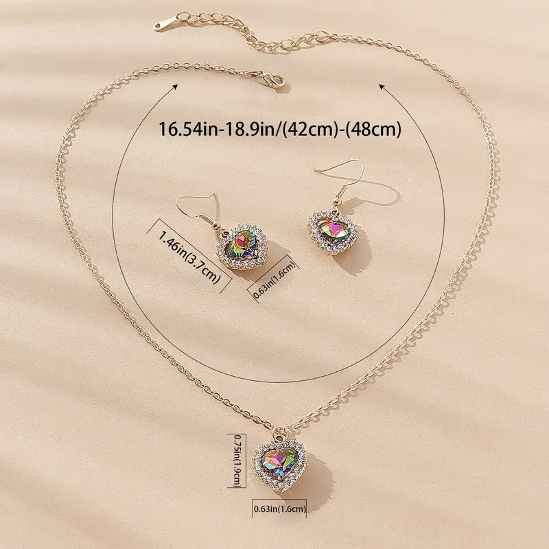 Oil Spill Heart Rhinestone Necklace Set