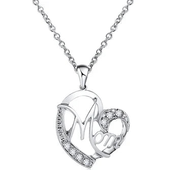 Silver Mom Heart with Rhinestones Necklace