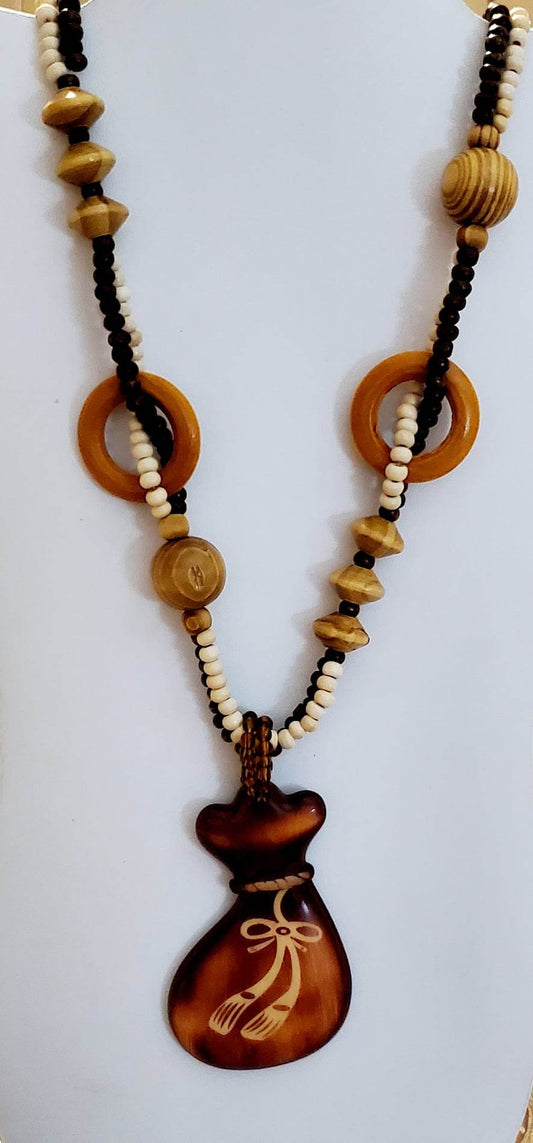 Earth-Tone Wooden Bead Necklace with Bow Pendant