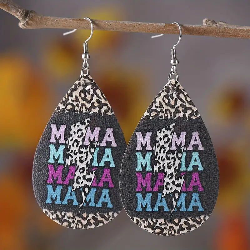 Retro MAMA Leopard Leather Earrings