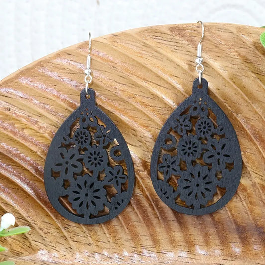 Wooden Teardrop Flower Earrings