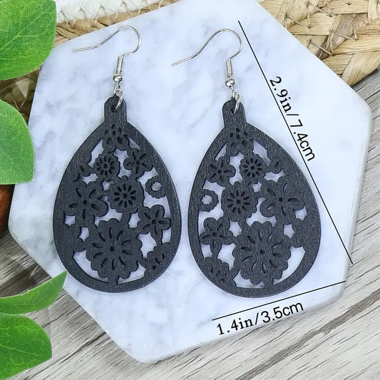 Wooden Teardrop Flower Earrings